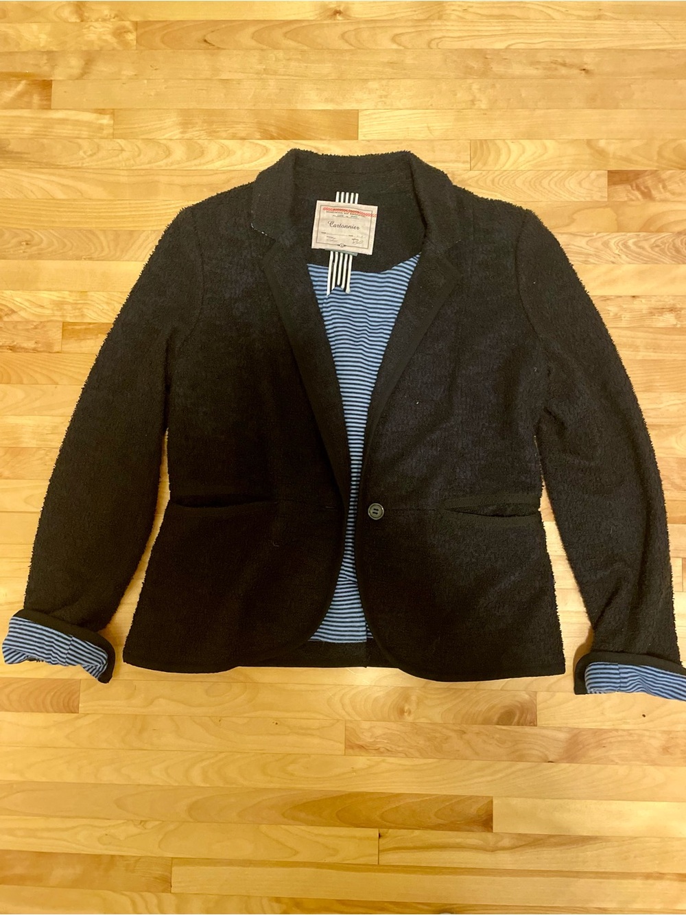 Cartonnier Anthropologie Navy Textured Blazer Striped Lining Size 8